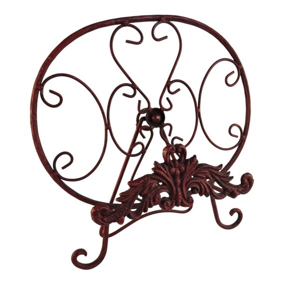 Red Scrolled Metal Decorative Plate Stand Holder Red Cast Iron Home Kitchen Art - Picture 13 of 15